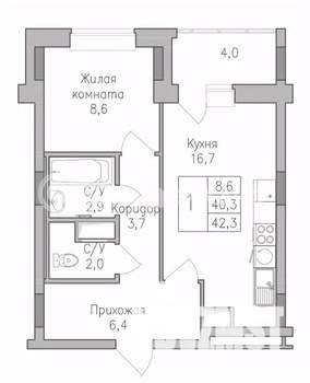 1-к квартира, строящийся дом, 42м2, 10/10 этаж