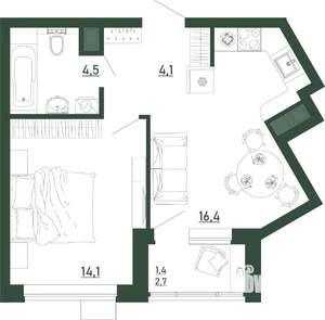 1-к квартира, строящийся дом, 41м2, 10/13 этаж