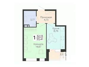 1-к квартира, вторичка, 33м2, 15/18 этаж