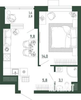 1-к квартира, строящийся дом, 34м2, 4/13 этаж