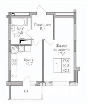 1-к квартира, строящийся дом, 42м2, 9/25 этаж