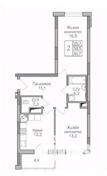 2-к квартира, строящийся дом, 62м2, 21/25 этаж