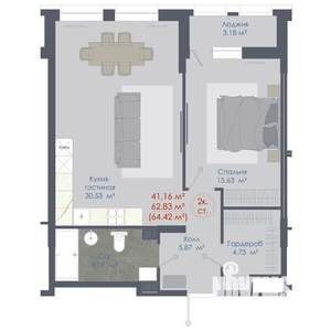 2-к квартира, строящийся дом, 65м2, 2/11 этаж