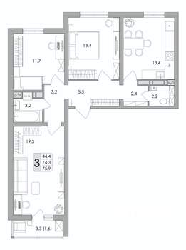3-к квартира, строящийся дом, 76м2, 14/17 этаж
