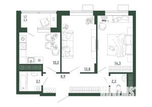 2-к квартира, строящийся дом, 54м2, 6/13 этаж