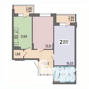 2-к квартира, строящийся дом, 62м2, 9/18 этаж