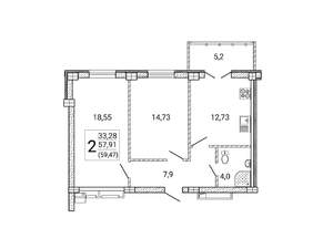 2-к квартира, вторичка, 59м2, 1/15 этаж