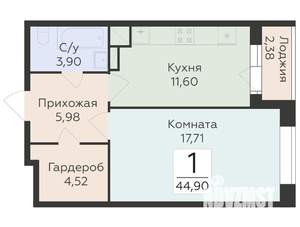 1-к квартира, строящийся дом, 45м2, 15/25 этаж