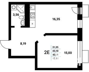 2-к квартира, строящийся дом, 43м2, 13/21 этаж