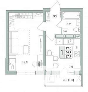 1-к квартира, строящийся дом, 38м2, 15/17 этаж