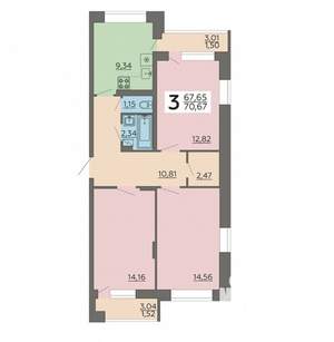 3-к квартира, вторичка, 71м2, 14/22 этаж