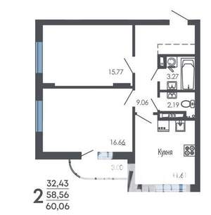 2-к квартира, строящийся дом, 60м2, 2/9 этаж