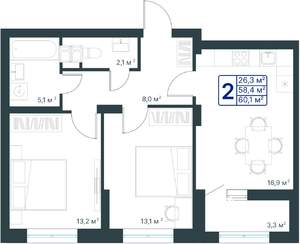 2-к квартира, строящийся дом, 60м2, 2/25 этаж