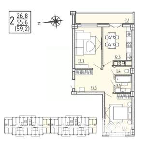 2-к квартира, вторичка, 59м2, 7/15 этаж