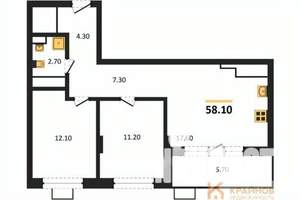 2-к квартира, строящийся дом, 58м2, 12/15 этаж