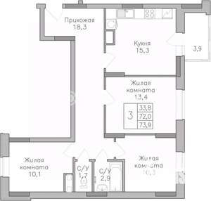 3-к квартира, строящийся дом, 74м2, 10/25 этаж