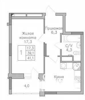 1-к квартира, строящийся дом, 41м2, 16/25 этаж