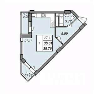 1-к квартира, вторичка, 36м2, 6/13 этаж