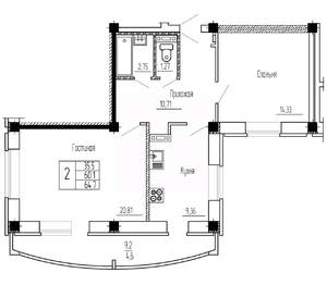 2-к квартира, строящийся дом, 65м2, 6/16 этаж