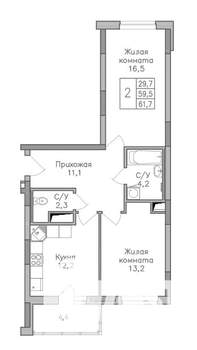2-к квартира, строящийся дом, 62м2, 12/25 этаж