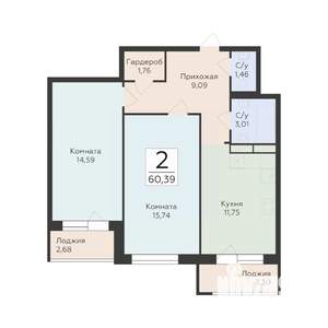 2-к квартира, вторичка, 60м2, 17/19 этаж