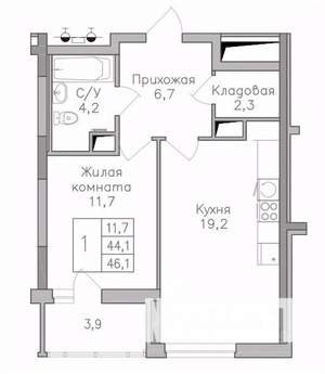1-к квартира, строящийся дом, 46м2, 19/25 этаж