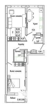 2-к квартира, строящийся дом, 60м2, 2/17 этаж
