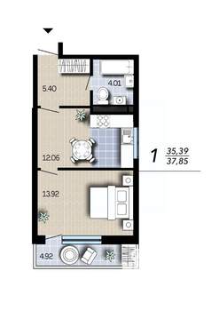 1-к квартира, вторичка, 38м2, 14/16 этаж