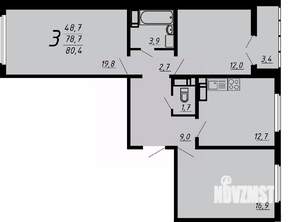 3-к квартира, строящийся дом, 80м2, 1/21 этаж