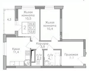 2-к квартира, строящийся дом, 54м2, 6/25 этаж