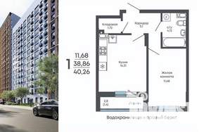 1-к квартира, строящийся дом, 40м2, 8/17 этаж
