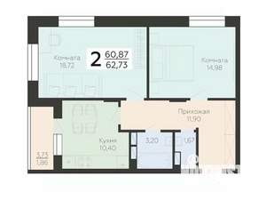 2-к квартира, вторичка, 63м2, 2/18 этаж