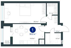 1-к квартира, строящийся дом, 50м2, 4/25 этаж