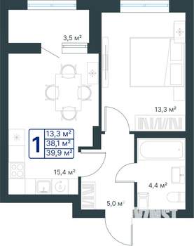 1-к квартира, строящийся дом, 40м2, 4/25 этаж