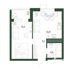 1-к квартира, строящийся дом, 40м2, 10/13 этаж