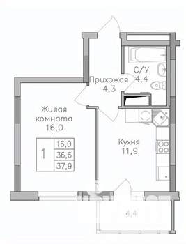 1-к квартира, строящийся дом, 38м2, 17/25 этаж
