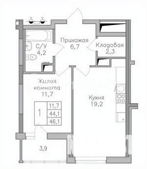 1-к квартира, строящийся дом, 46м2, 25/25 этаж
