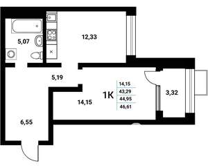 1-к квартира, строящийся дом, 45м2, 15/21 этаж