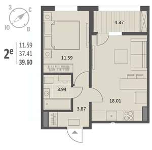 1-к квартира, строящийся дом, 40м2, 5/18 этаж