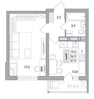 1-к квартира, строящийся дом, 38м2, 9/17 этаж