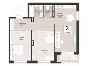 2-к квартира, строящийся дом, 76м2, 9/14 этаж