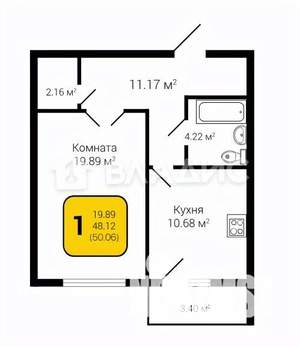 1-к квартира, вторичка, 50м2, 1/16 этаж