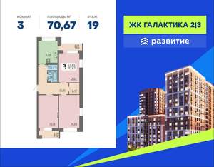 3-к квартира, вторичка, 71м2, 19/23 этаж