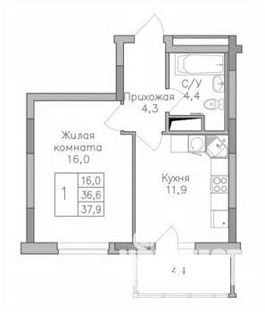1-к квартира, строящийся дом, 38м2, 2/25 этаж