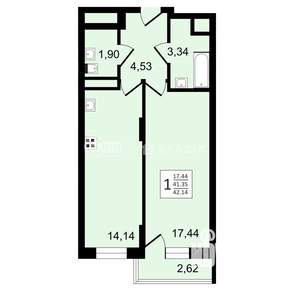 1-к квартира, строящийся дом, 42м2, 24/27 этаж