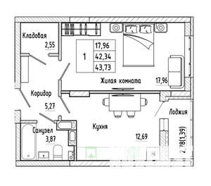 1-к квартира, строящийся дом, 44м2, 2/17 этаж