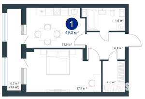1-к квартира, строящийся дом, 49м2, 3/25 этаж