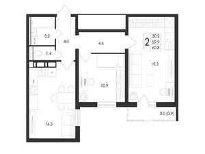 2-к квартира, вторичка, 61м2, 7/17 этаж