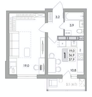 1-к квартира, строящийся дом, 38м2, 10/17 этаж