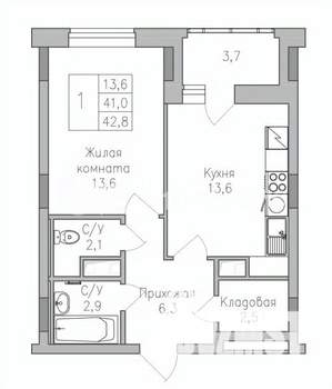 1-к квартира, строящийся дом, 43м2, 7/10 этаж